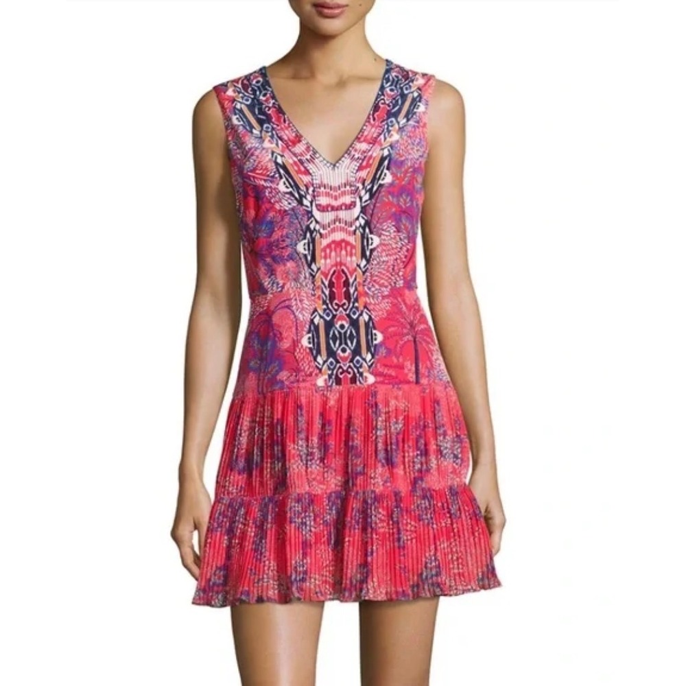 Saloni Elodie Silk Mini Dress Red Blue  Ikat Pleated Tiered Size US 4